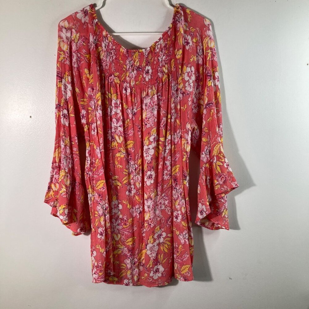 Womens Counterparts Boho Floral Smocked Top Bell Sleeve 2X Orange Yellow - Picture 2 of 10